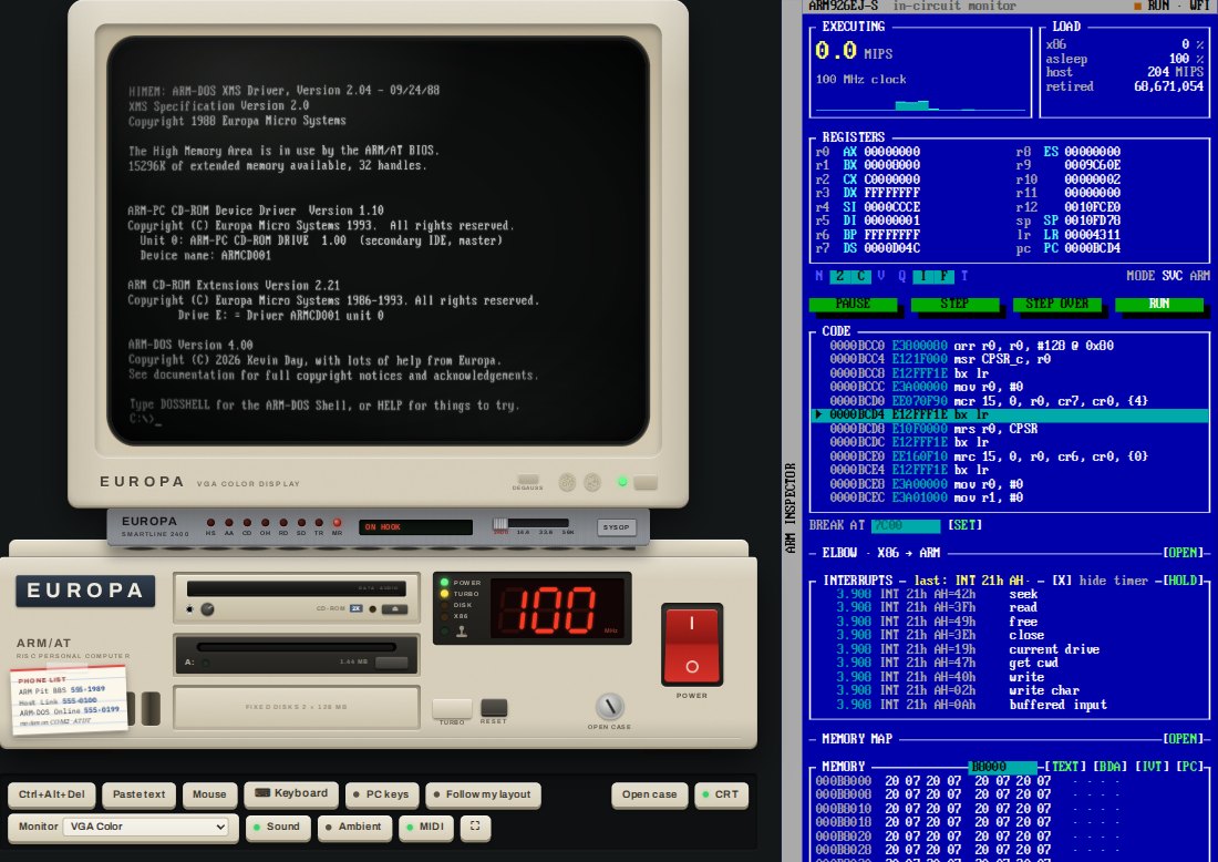 The ARM-DOS machine just after booting: the monitor lists HIMEM, the CD-ROM driver and ARM-DOS Version 4.00 messages, and the ARM inspector beside it shows the registers under their x86 names, the flags, a disassembly and a log of INT 21h calls.