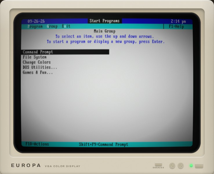 The DOS 4.00 Shell on the colour monitor: a Start Programs screen with the Main Group list showing Command Prompt, File System, Change Colors, DOS Utilities and Games and Fun.