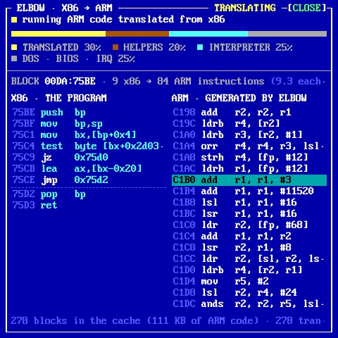 The inspector's ELBOW view: a coloured bar showing time split between translated code, helpers and the interpreter, then a block of x86 instructions on the left next to the ARM instructions generated from them on the right.