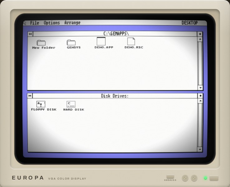 The GEM desktop in 640 by 480 colour: a window showing C:\GEMAPPS with folders and DEMO.APP, and a Disk Drives window with floppy and hard disk icons.