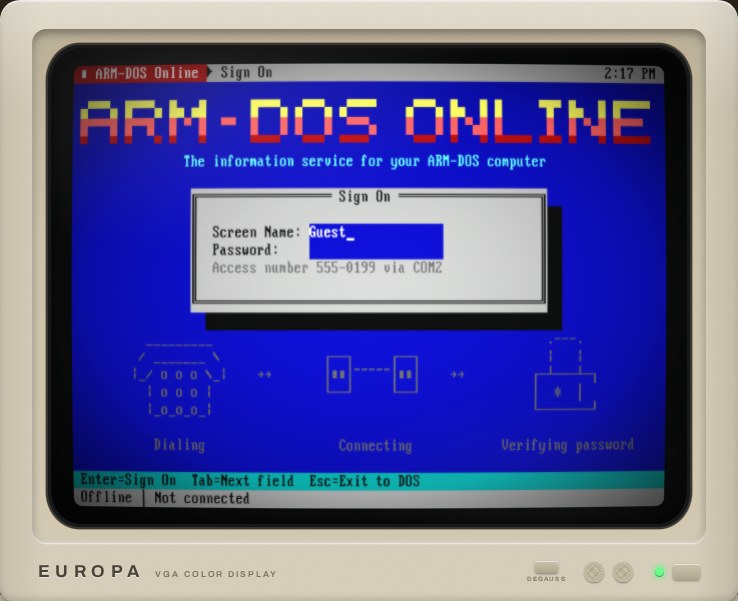 The ARM-DOS Online sign-on screen: a big red and yellow ARM-DOS ONLINE logo on blue, a Sign On box with the screen name Guest, and little pictures for Dialing, Connecting and Verifying password.