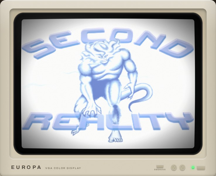 Second Reality's title picture: the chrome words SECOND REALITY around a crouching horned creature, in pale blue on white.
